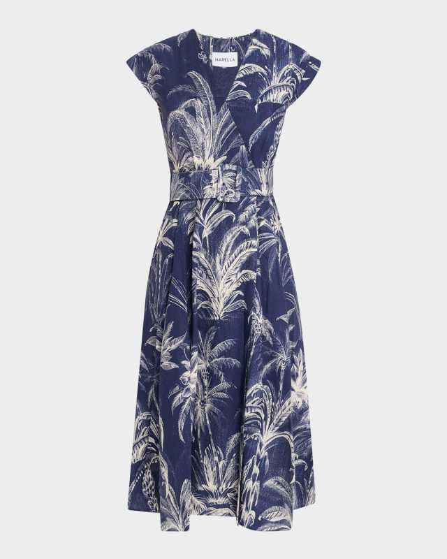 Belted Palm Tree-Print Midi Dress